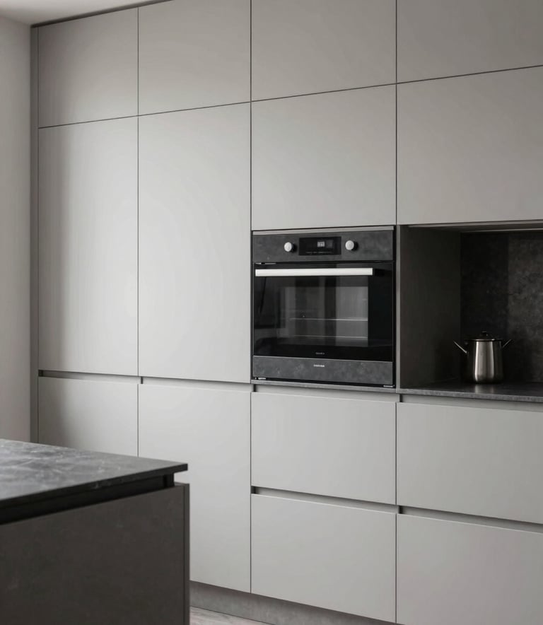 A high-end interior renovation scene showing a minimalist kitchen with light neutral grey cabinetry and charcoal dark slate grey hardware. Soft natural lighting emphasizes the modern craftsmanship and clean lines.
