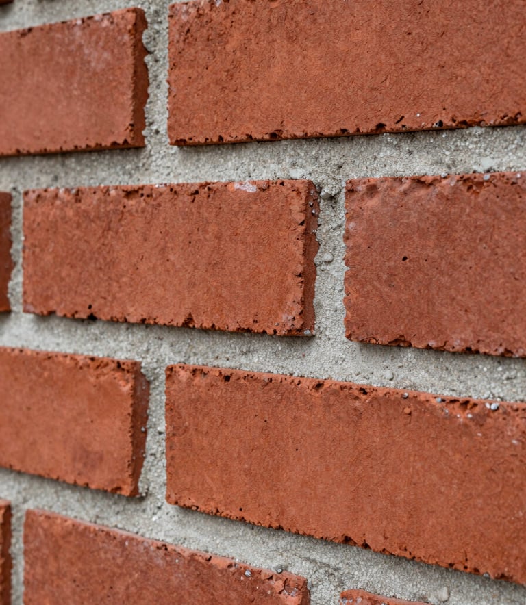 A sharp, close-up photograph of premium masonry work. Deep brick red bricks are laid with meticulous precision, separated by clean, even lines of soft light grey mortar. The lighting is direct and clear, emphasizing the robustness and texture of the craftsmanship.