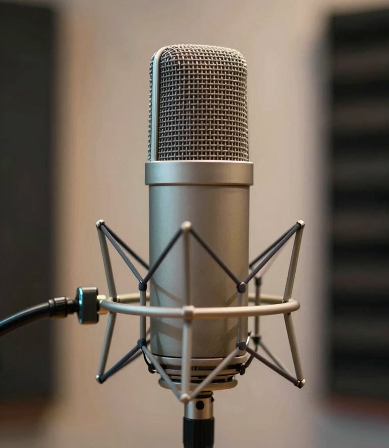 A close-up of a professional condenser microphone in a soundproof studio booth. The lighting is soft and warm, featuring professional equipment with subtle highlights of #8D6E63 and #BCAAA4 against a clean background.