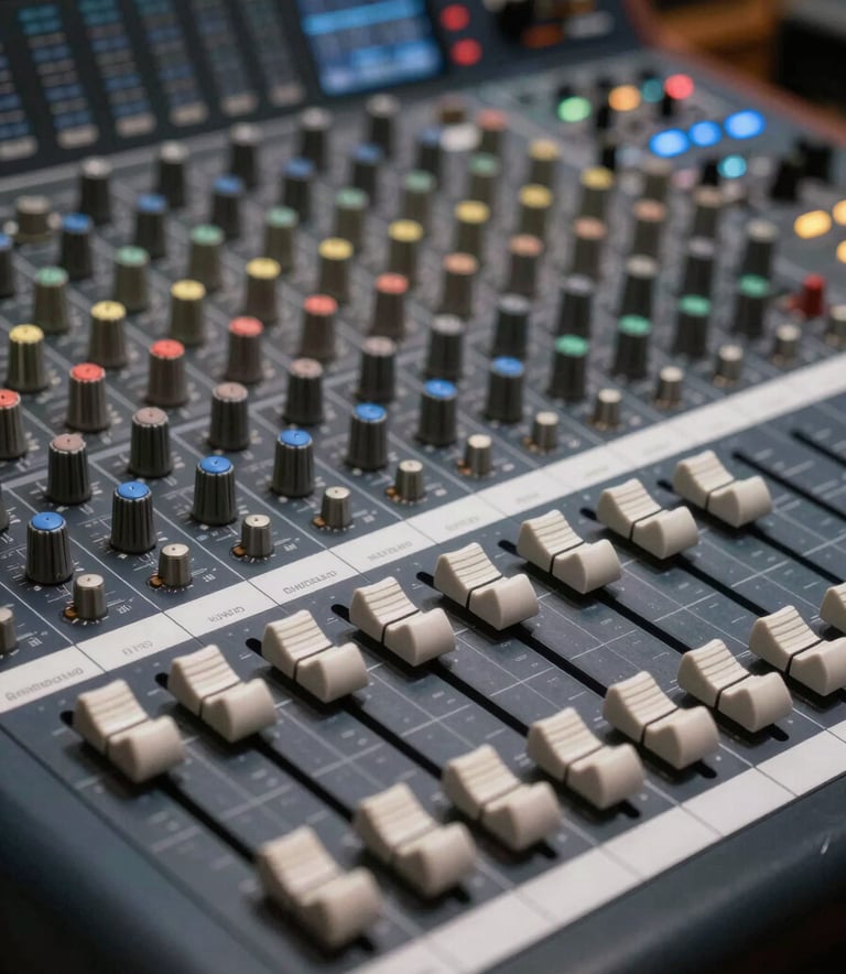 A professional mixing console in a recording studio, with faders set for a broadcast. The image is crisp and clean, focusing on the precision of audio engineering, using the brand's navy and brown tones.