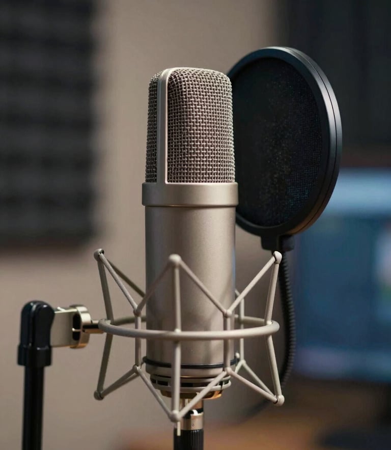 A high-end studio condenser microphone with a pop filter in focus, set against a blurred professional soundproofing background. The lighting is refined and warm, highlighting the metallic textures and using a palette of #F8F8F8 and #2C3E50.