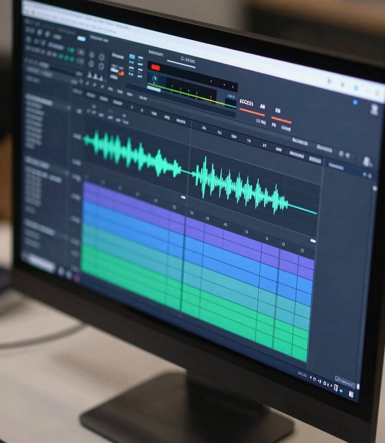 A close-up, high-angle shot of a professional digital audio workstation screen showing complex sound waves and editing tracks. The environment is a clean, modern studio with soft lighting, incorporating the colors #2C3E50 and #8D6E63 in the interface and studio shadows.