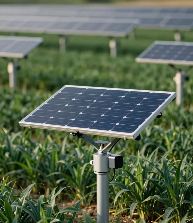 A close-up of high-tech smart solar trackers positioned over green crops in the PACA region. The lighting is crisp and professional, highlighting the integration of technology and nature with deep emerald #2E7D65 tones and solar highlights #E7C66B.