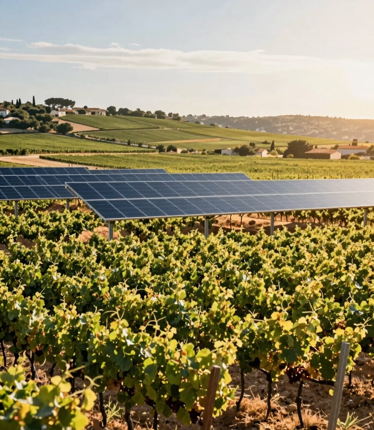 Wide-angle landscape shot of a vineyard in the PACA region under a bright Mediterranean sun. Sleek, modern agrivoltaic trackers are positioned above the vines, following the sun's path. The color palette features rich vine greens (#2E7D65) and golden sunlight highlights (#E7C66B). Professional, high-end photography style.