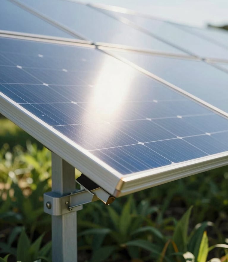 Close-up detail of modern solar panel glass reflecting the bright sun of Provence, with lush green agricultural foliage visible beneath the structure. Modern, eco-conscious style.