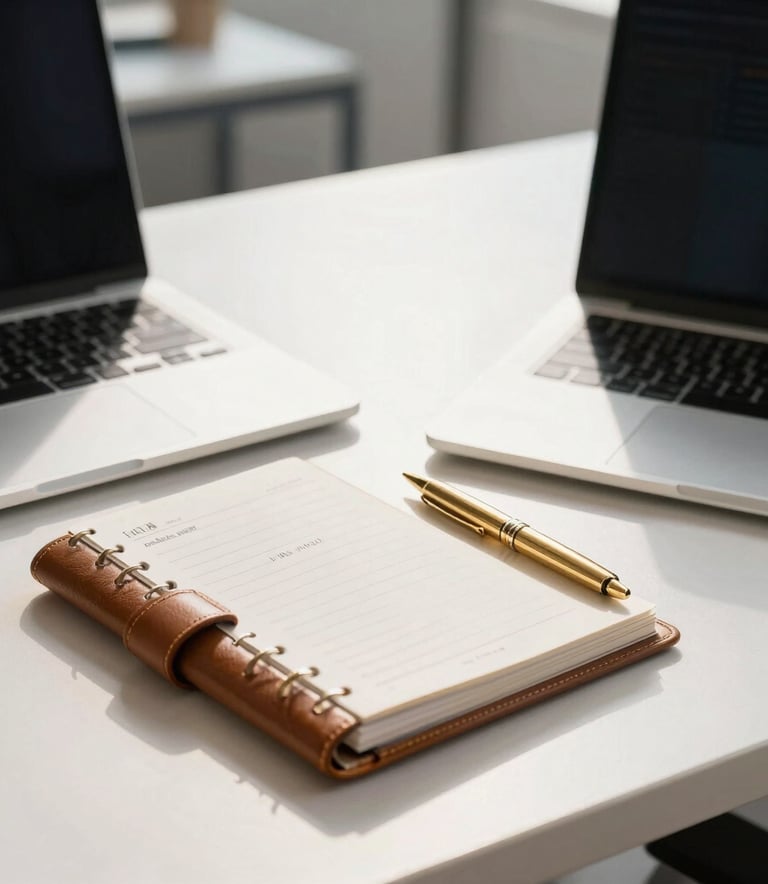 A high-angle close-up of a professional desk in a sunlit North American office. A high-end laptop, a leather-bound strategic planner, and a gold-colored pen are neatly arranged on a clean white surface. Soft-focus background of a modern workspace.