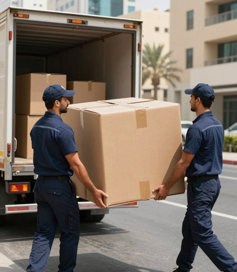 Two professional movers in navy blue uniforms carrying a large cardboard box toward a truck, modern Abu Dhabi city street background, Middle Eastern / Gulf environment, midday sun.