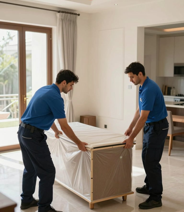 Professional movers in clean uniforms carefully securing high-end furniture with protective padding inside a bright, modern villa in the Middle Eastern / Gulf region. High-angle shot showing precision and care under soft indoor lighting.