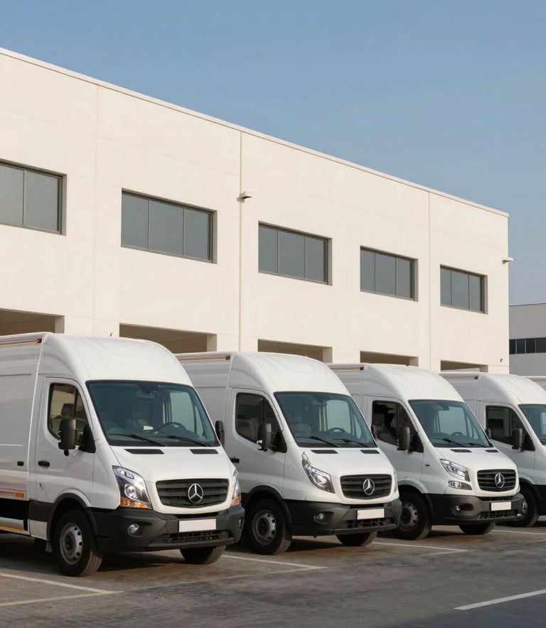 A fleet of clean, white moving trucks parked in front of a modern commercial building in Al Ain. The scene is bright and professional, captured during the clear morning light with Sky Blue sky in the background.