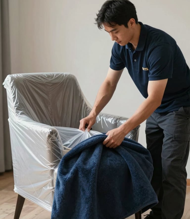 Professional movers carefully wrapping a designer armchair in protective plastic and navy blue moving blankets, indoor setting, soft professional lighting, focus on precision and care.
