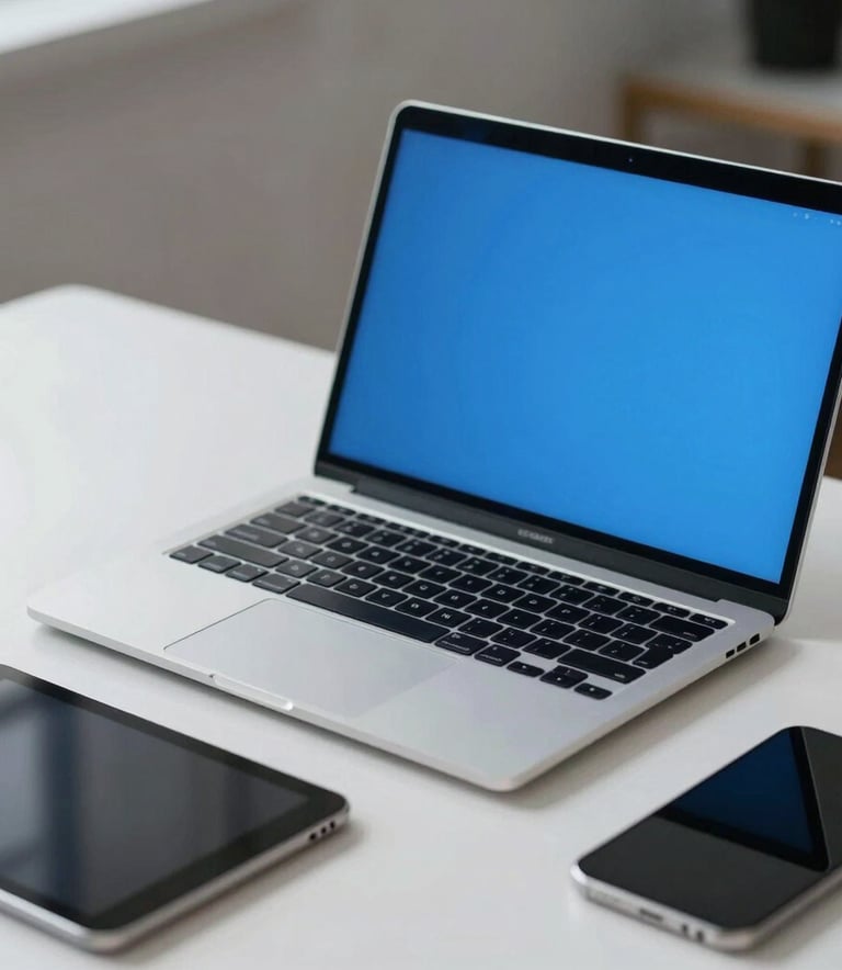 A professional workspace in North America featuring a sleek laptop and tablet on a white desk, soft blue lighting from the screen, clean and minimalist setting focused on digital assistance.