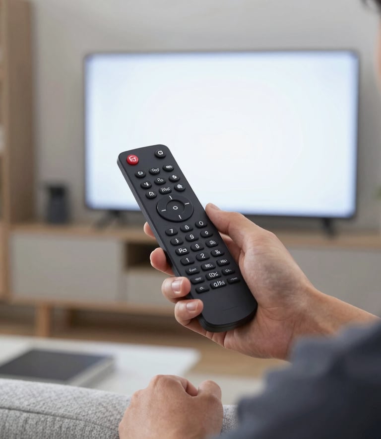 A person holding a sleek TV remote while sitting on a comfortable light grey sofa in a modern US apartment focusing on a bright screen.