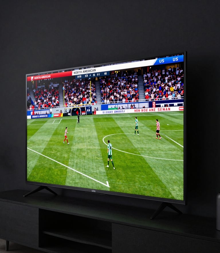 A side view of a large flat-screen television mounted on a dark wall showing a vibrant sports broadcast in a North American / US living room with ambient evening lighting.