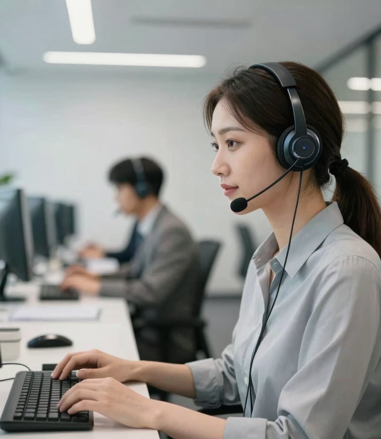A blurred background of a modern tech support office in the US, featuring clean lines and a professional atmosphere, with soft gray and white tones emphasizing efficiency.