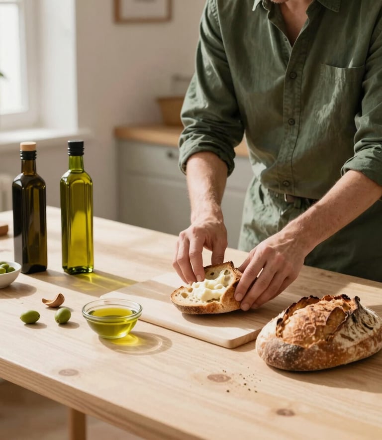 A professional photography session in a sunlit, modern European Spanish studio. A creative professional is arranging a flat lay of artisanal ingredients like olive oil and sourdough bread for a photo shoot. Soft natural lighting, elegant composition, warm beige and forest green accents.