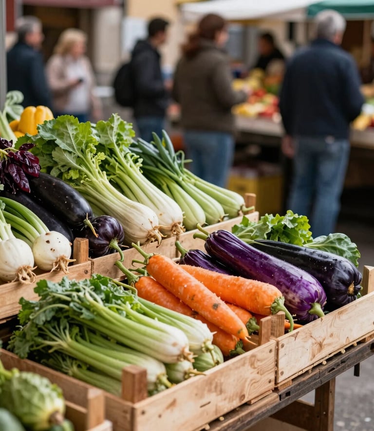 A rustic but clean local market scene in Spain. Wooden crates filled with fresh, colorful seasonal vegetables. The focus is sharp on the produce, with a blurred background of people shopping. Professional lifestyle photography.