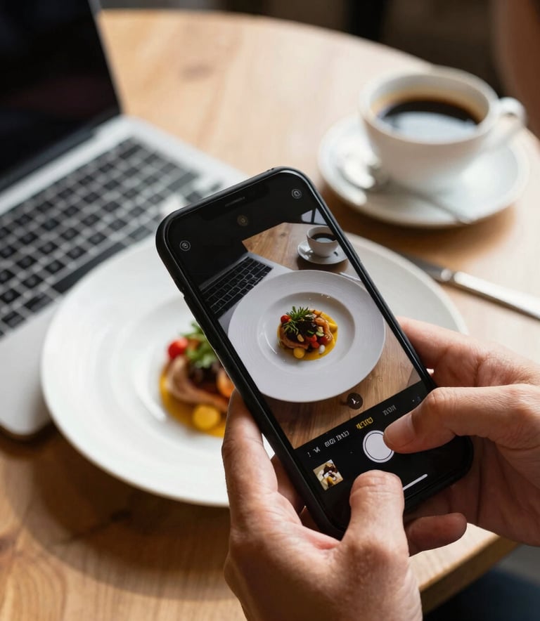 A professional overhead shot of hands using a smartphone to photograph a beautifully plated dish in a sunlit European restaurant, with a laptop and a cup of coffee nearby, warm lighting, elegant and modern style.