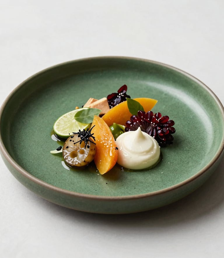 A high-end culinary photograph of a gourmet dish featuring vibrant Mediterranean ingredients on a deep forest green ceramic plate, soft side lighting, Scandinavian minimalist aesthetic, professional photography.
