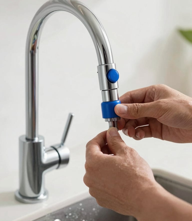 Close-up of a professional installing a modern chrome kitchen faucet, focus on the hands and clean tools, bright morning light in a French / Southern France home, electric blue accents.