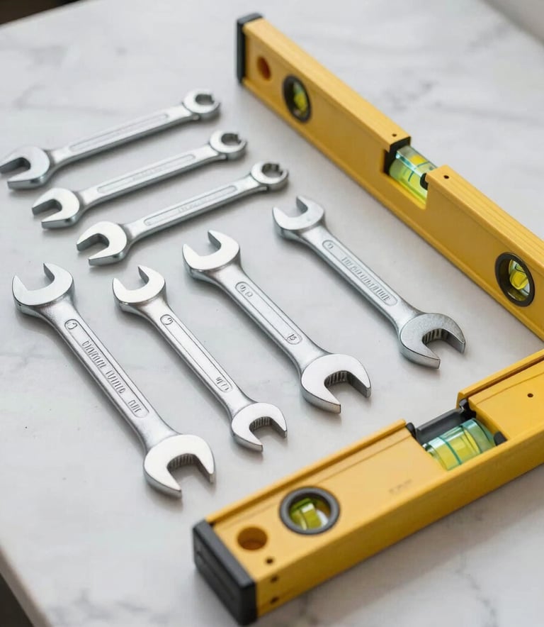 A clean, high-angle shot of a professional tool kit with wrenches and a level placed on a white marble surface, bright natural lighting, professional and organized aesthetic in French / Southern France.