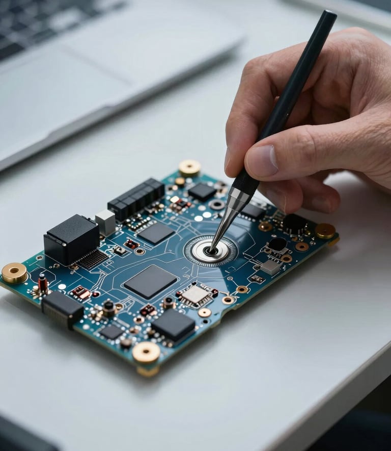 A close-up, high-detail photograph of a technician's hands using precision tools to repair a laptop motherboard on a clean, anti-static work surface. The scene features cool pearl grey surfaces and dark charcoal blue highlights, reflecting a mood of expert precision and modern professionalism.
