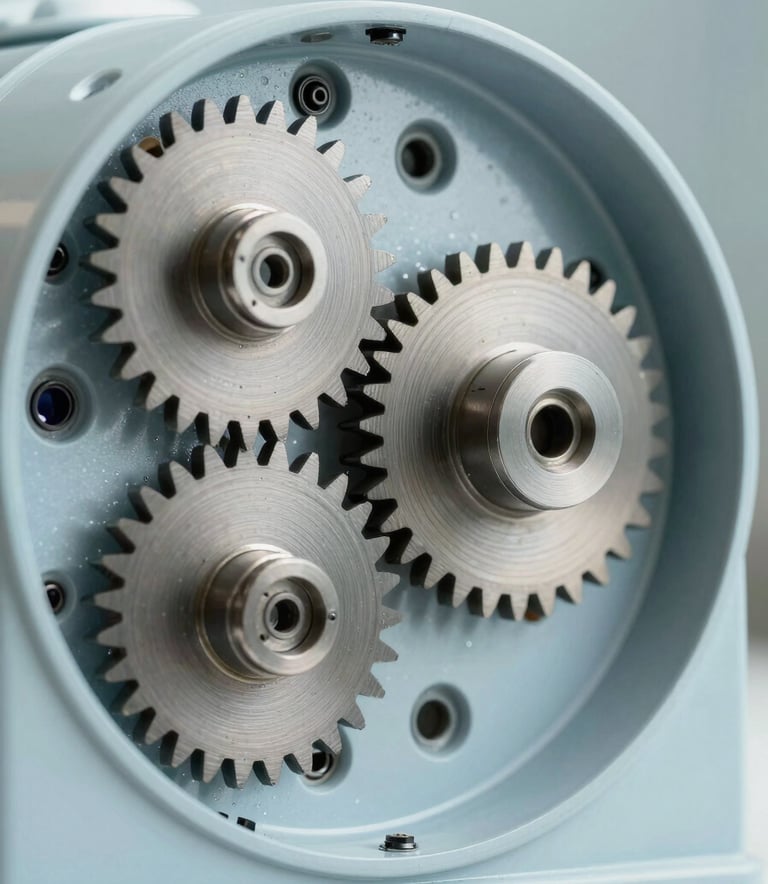 A macro photograph of internal high-tech mechanical gears from a household machine, illuminated with soft blue-grey and off-white light, suggesting precision and technical complexity.