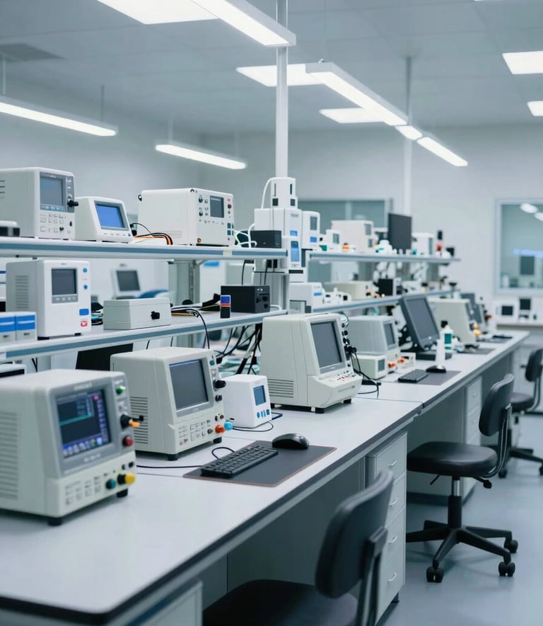 A wide-angle professional photograph of a modern, organized repair laboratory. Workbenches are lined with specialized diagnostic equipment. The lighting is bright and clear, with a color palette of soft steel blue and cool pearl grey, evoking unwavering reliability.