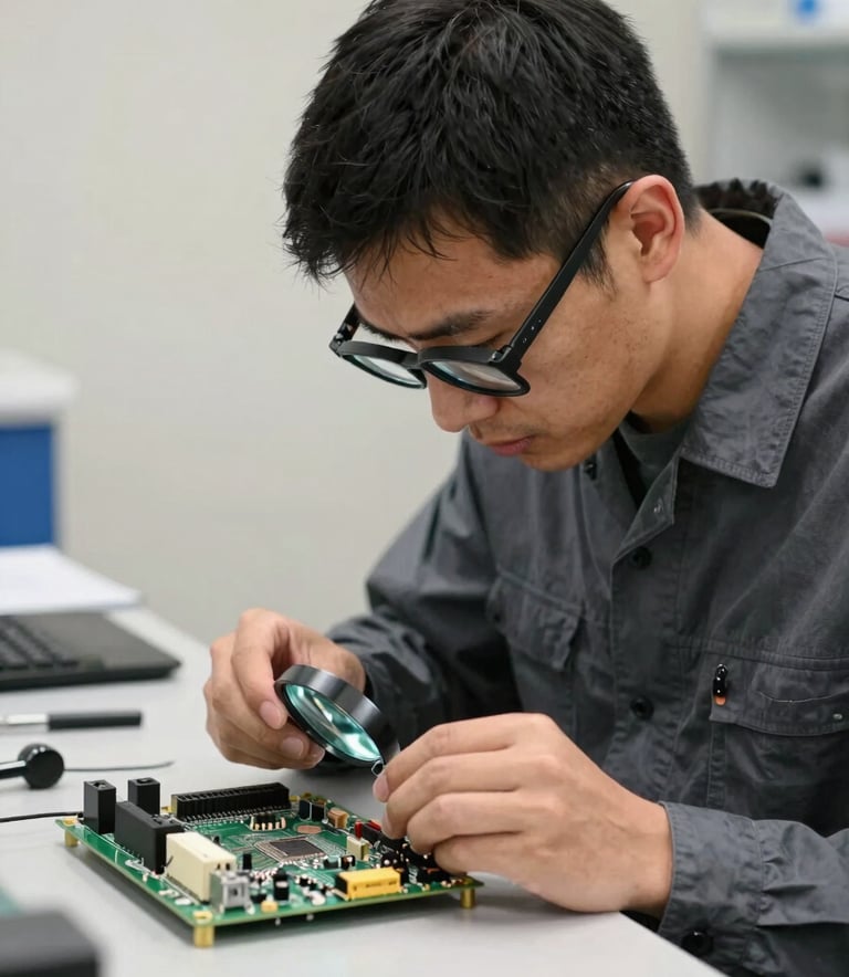 A professional technician wearing dark slate grey attire carefully inspecting a circuit board with a magnifying glass, modern lab setting with off-white walls.