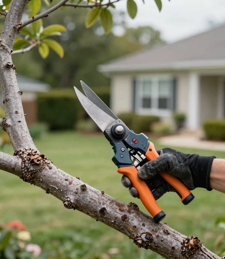 Close-up of a professional tree pruning cut on a thick branch, showing clean work and tree health. The background features a lush North American / US suburban garden with pale green and forest green tones, captured in sharp, modern architectural style.