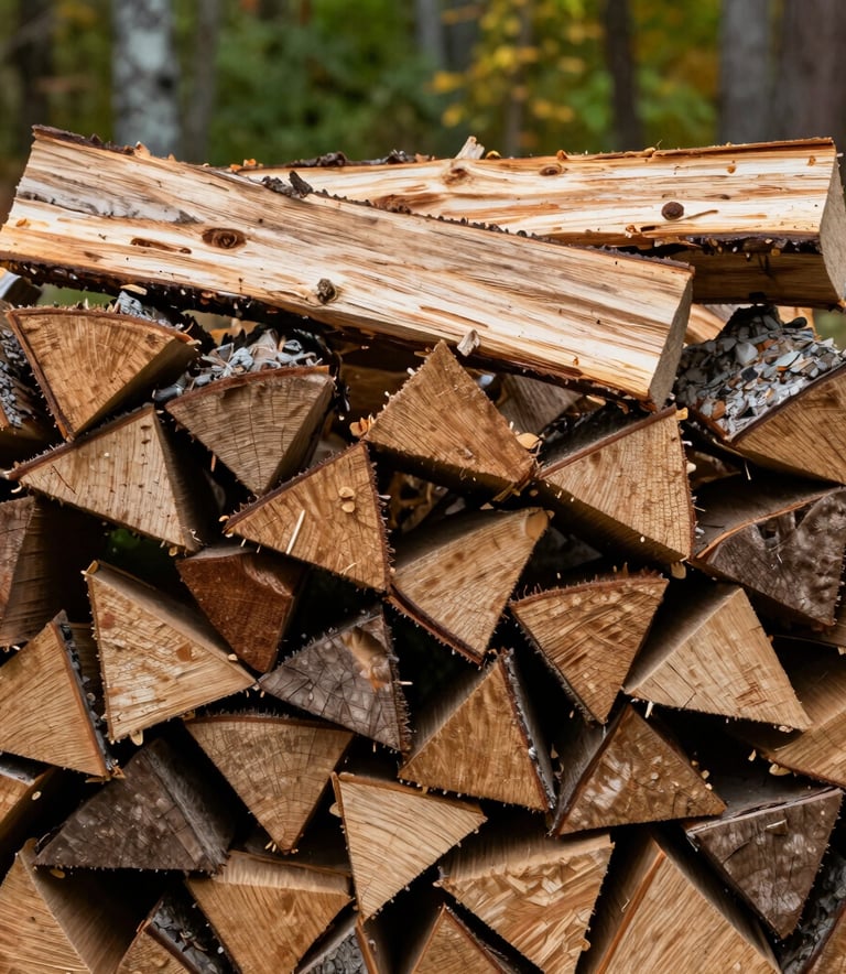 A neatly organized stack of split, seasoned hardwood firewood outdoors in a North American / US backyard during autumn. The wood shows natural tan and brown textures against a soft-focus background of forest green foliage. Professional photography with bright, natural lighting.