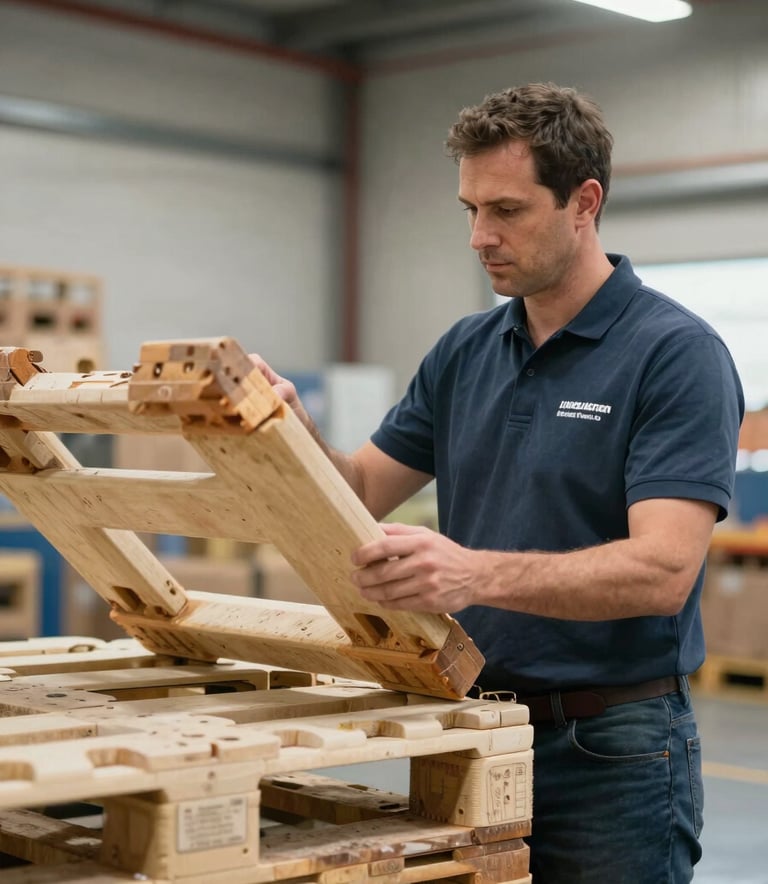 A crisp, professional mid-shot of a North American logistics manager inspecting a high-quality plastic pallet in a bright, modern warehouse environment.