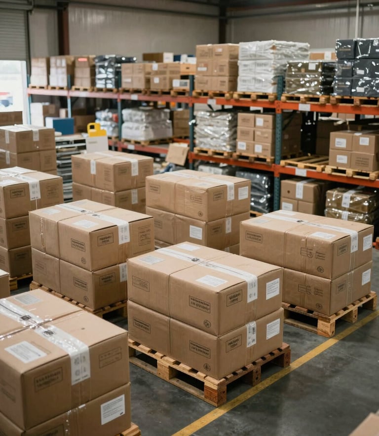 A wide shot of a North American distribution center featuring custom packaging solutions and well-maintained pallet inventories under soft daylight.