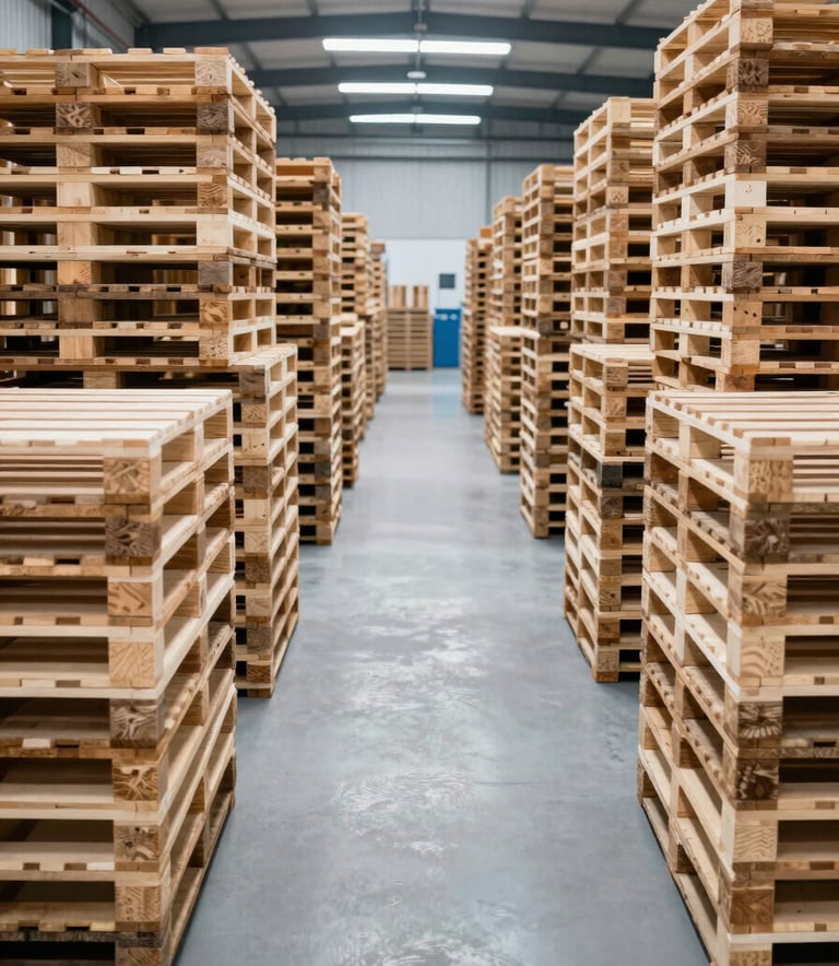 A wide shot of a modern, clean North American pallet factory. Symmetrical rows of freshly manufactured light wood pallets catch the bright industrial lighting. The atmosphere is professional and orderly, featuring dark navy and off-white tones.