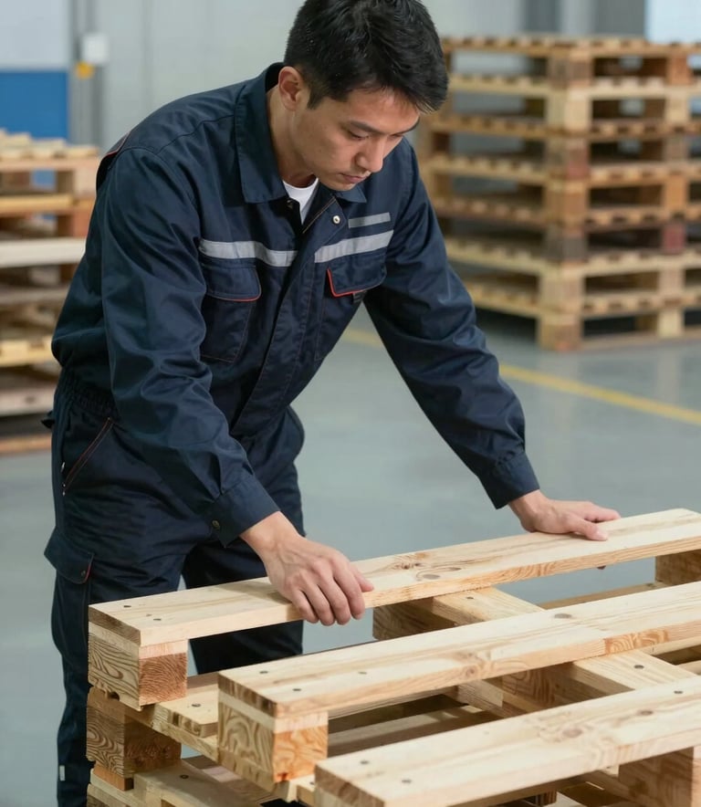 An eye-level photograph of a pallet specialist in professional workwear inspecting a wooden pallet structure in a clean North American facility. Sharp focus, organized background, conveying reliability and expertise, with subtle dark navy and light blue-grey tones.