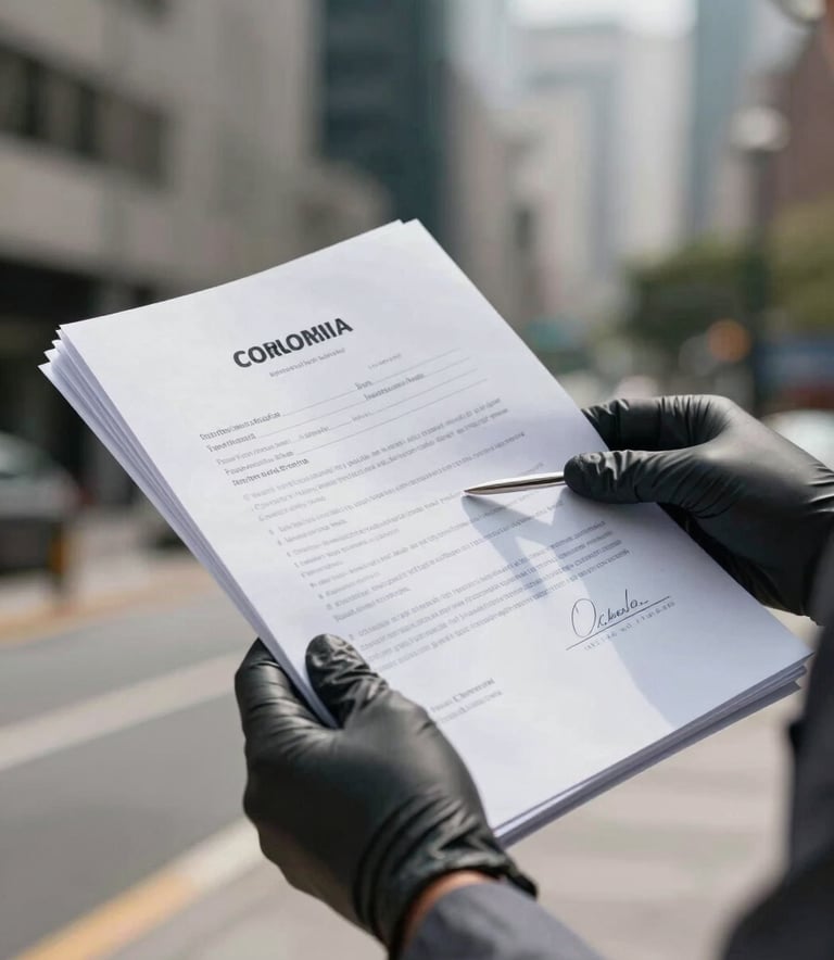 Close-up of a delivery professional's gloved hands holding legal documents in a South American / Colombian office district, Metallic Silver and Charcoal Grey tones, sleek and trustworthy atmosphere.