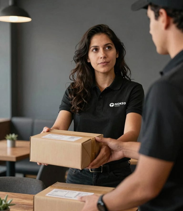 A focused professional in a South American / Colombian restaurant handing an organized package to a courier, minimalist interior with Charcoal Grey accents, professional lighting.