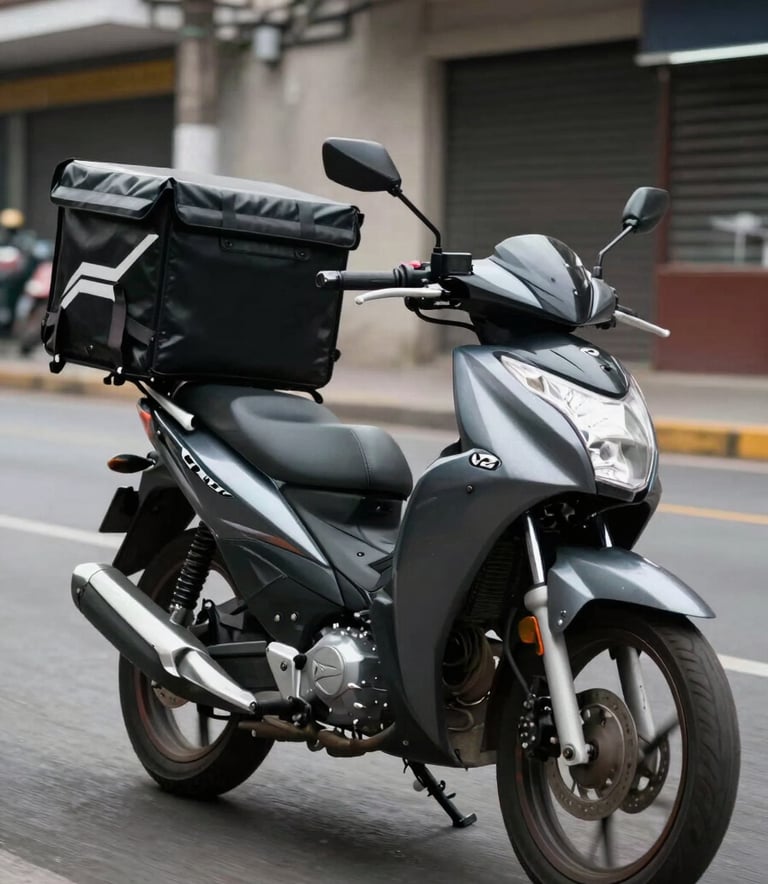 A close-up shot of a professional delivery motorcycle parked on a clean street in a South American / Colombian city. The motorcycle is dark slate grey, and the delivery box features a minimalist professional design. High-speed action blur in the background to imply movement.