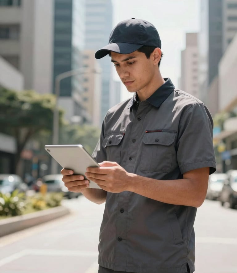 A professional courier in a dark slate grey uniform checking a digital tablet in a modern South American / Colombian business district. The lighting is bright and natural, reflecting a dynamic city morning. Minimalist aesthetic with a clean, blurred urban background.