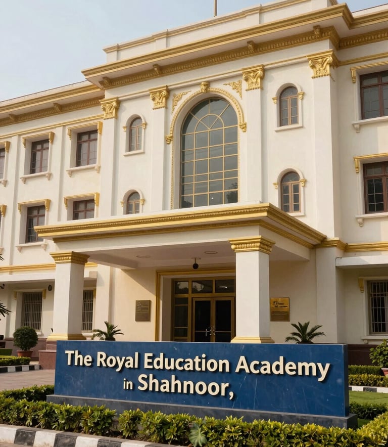 Wide angle exterior photography of the main entrance of The Royal Education Academy in Shahnoor, India. The building is a stately structure with antique gold trim on creamy off-white walls. Manicured lawns and slate blue signage create a sophisticated yet welcoming look.