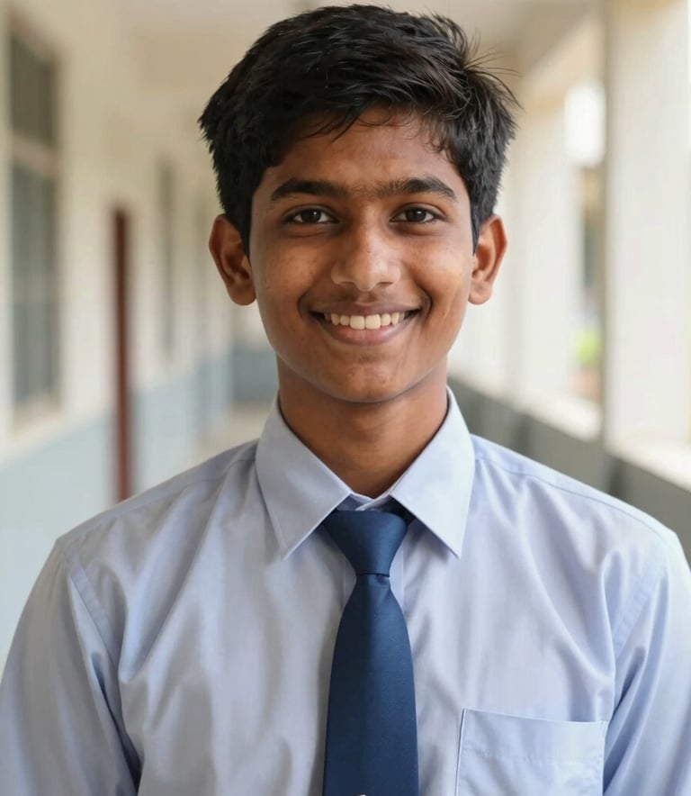 A close-up photograph of a smiling South Asian / Indian student in a professional school uniform with a Slate Blue tie, standing in a bright corridor of the school in Shahnoor, soft natural lighting, high quality portrait.