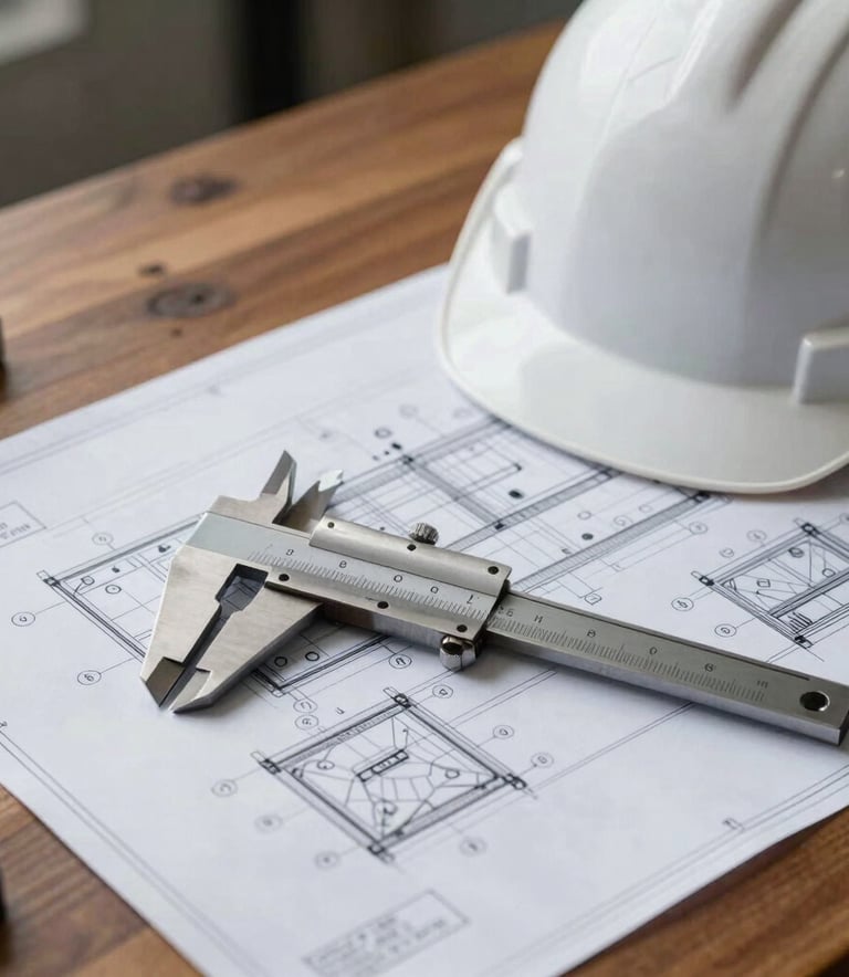 A detailed close-up of a technical engineering blueprint laid out on a wooden desk next to a pair of stainless steel calipers and a white hard hat. The lighting is soft and focused, emphasizing precision and professionalism in a Global Professional setting.