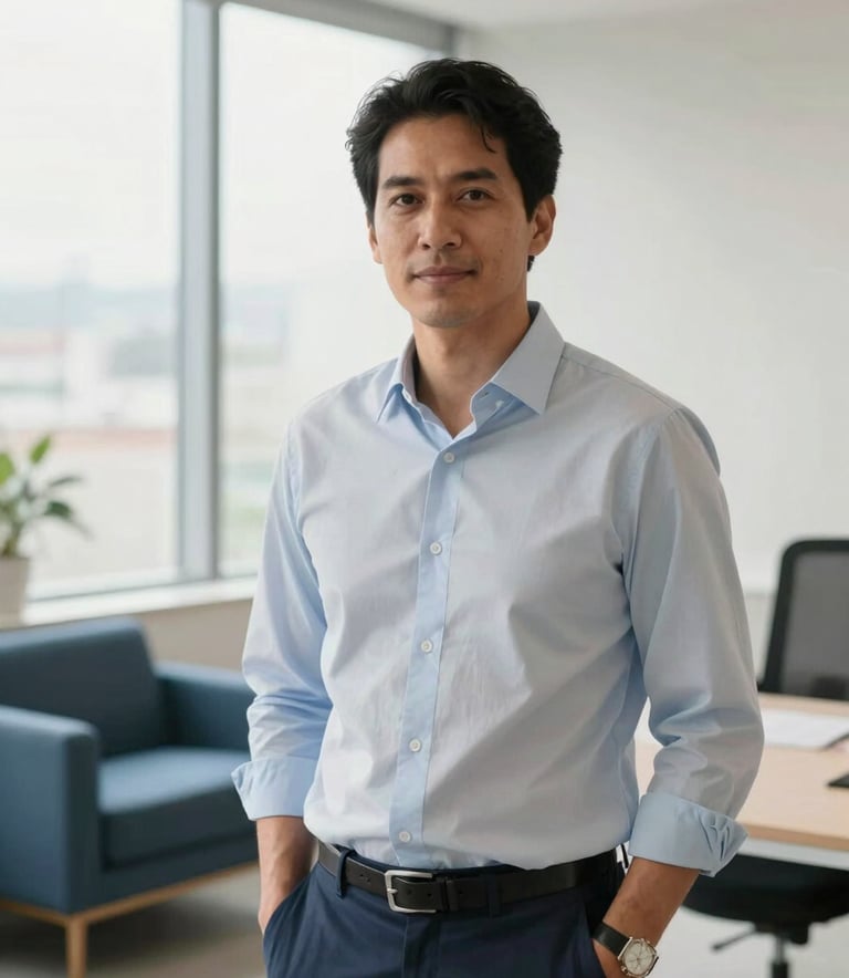 A professional portrait of an expert in a bright, modern South American office setting. The composition is a clean medium shot with soft natural lighting coming from a large window. The background features minimalist furniture in shades of muted blue and off-white, reflecting a calm and sophisticated atmosphere.