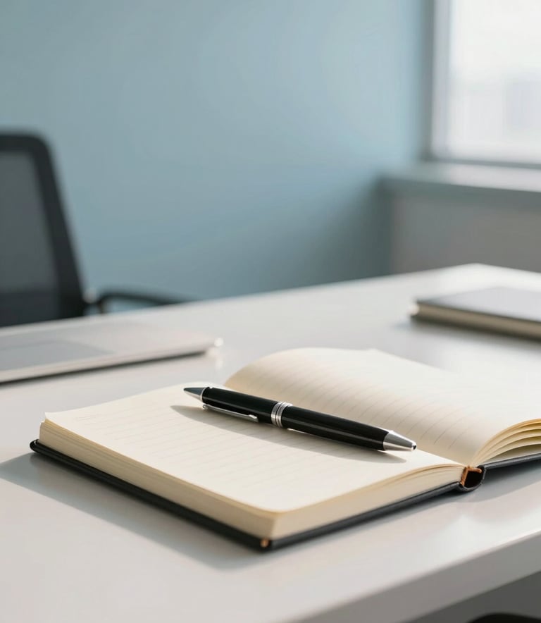 A minimalist and clean Brazilian interior office scene with professional aesthetics. Soft morning light illuminates a desk with a notebook and a high-end pen. The color palette includes light blue and off-white tones, creating an approachable yet sophisticated environment.