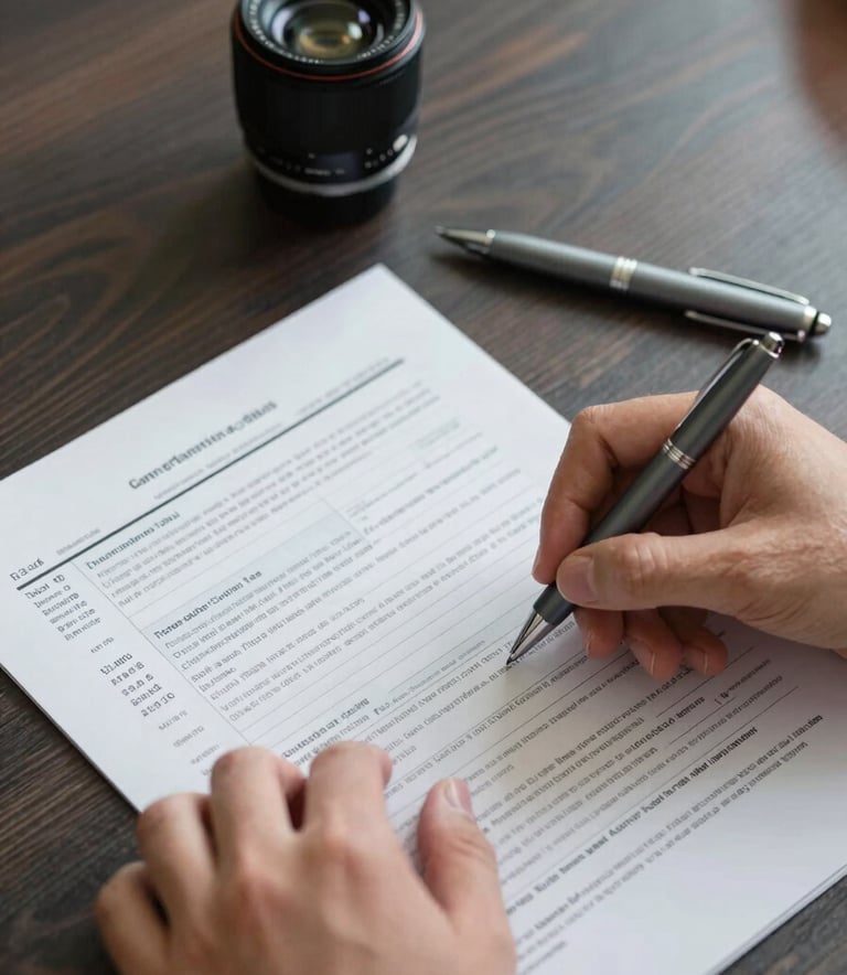 A close-up photograph of professional hands reviewing a tax document on a dark slate wooden desk. A muted petrol colored pen rests nearby. The lighting is focused and clear, conveying a sense of meticulous attention to detail and modern reliability.