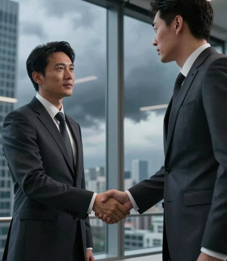 A businessman in a tailored suit shaking hands with a client in a modern high-rise office with large windows, stormy blue-grey color accents, cinematic lighting, professional photography.