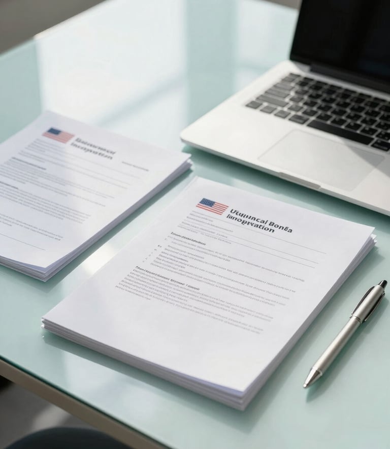 A bright and airy photograph of a modern office workspace with a sleek laptop and neatly organized US business incorporation documents. The scene is decorated with soft teal accents and bathed in natural light, reflecting efficiency and professional support.