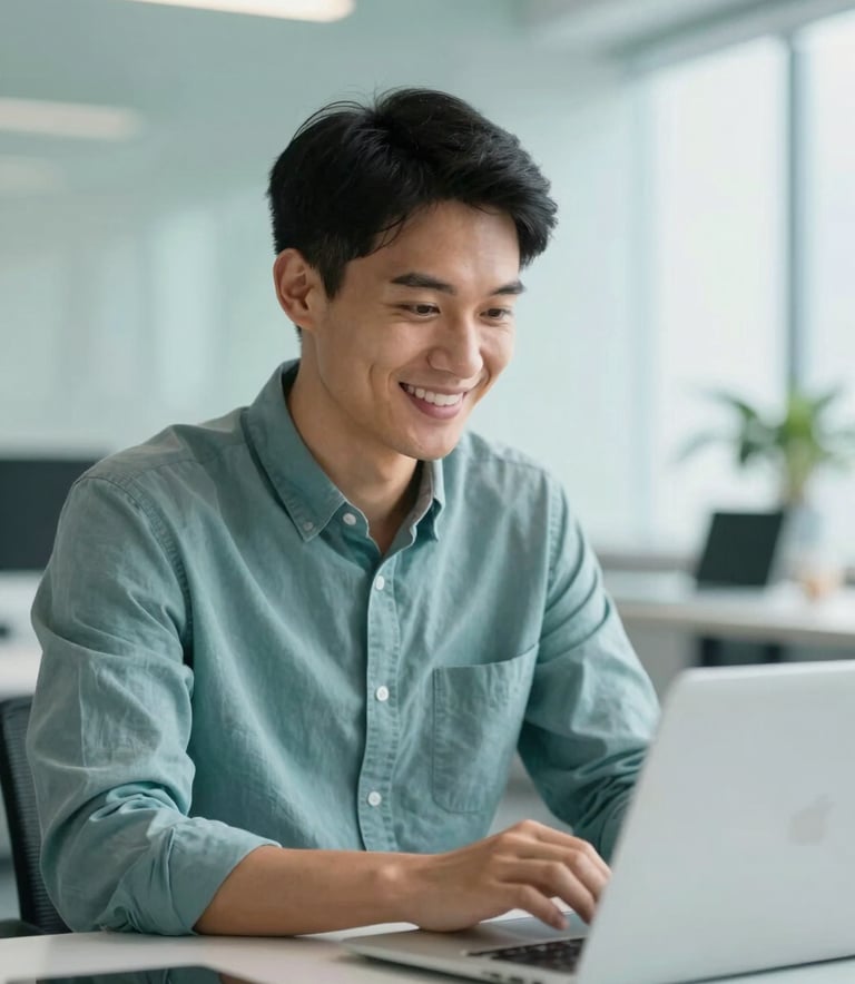 A professional entrepreneur in a bright, modern office smiling while looking at a laptop, soft teal and light misty aqua color palette, clean and airy composition, professional photography style.