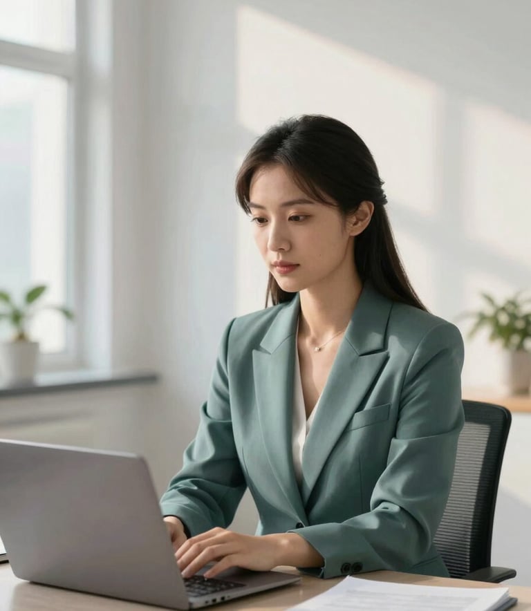 A professional psychologist sitting comfortably in a modern office with a laptop, wearing a muted forest teal blazer. The background features crisp snow white walls and a soft misty blue accent, with warm morning sunlight filling the room.