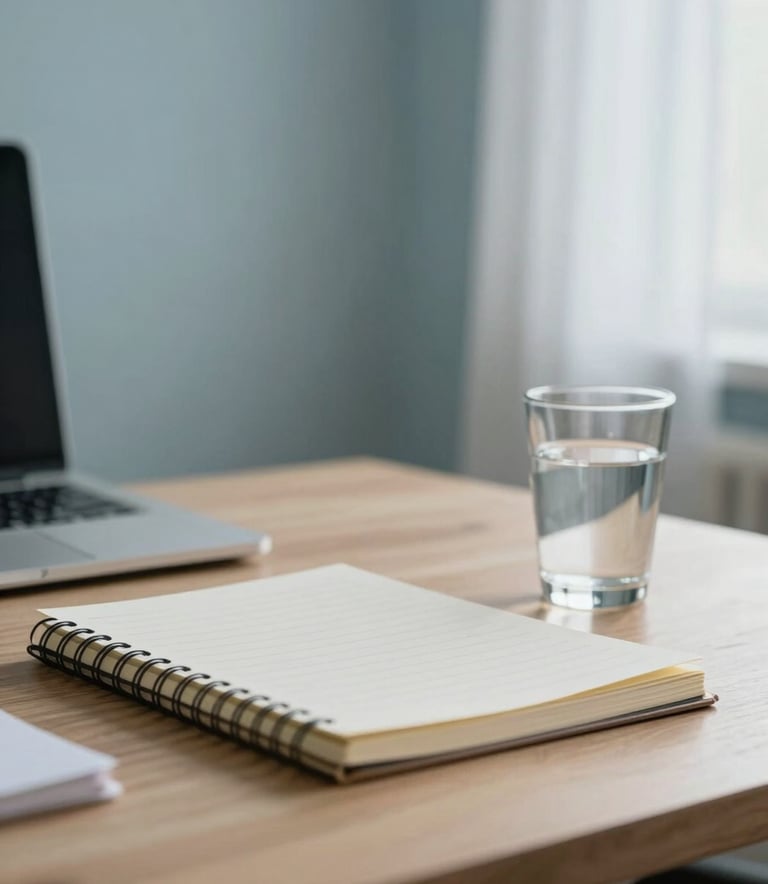 A close-up photograph of a professional workspace featuring a notebook and a glass of water on a light wood desk, with soft misty blue walls and crisp snow white curtains in the background. The lighting is soft and natural, creating a sense of calm and confidentiality.