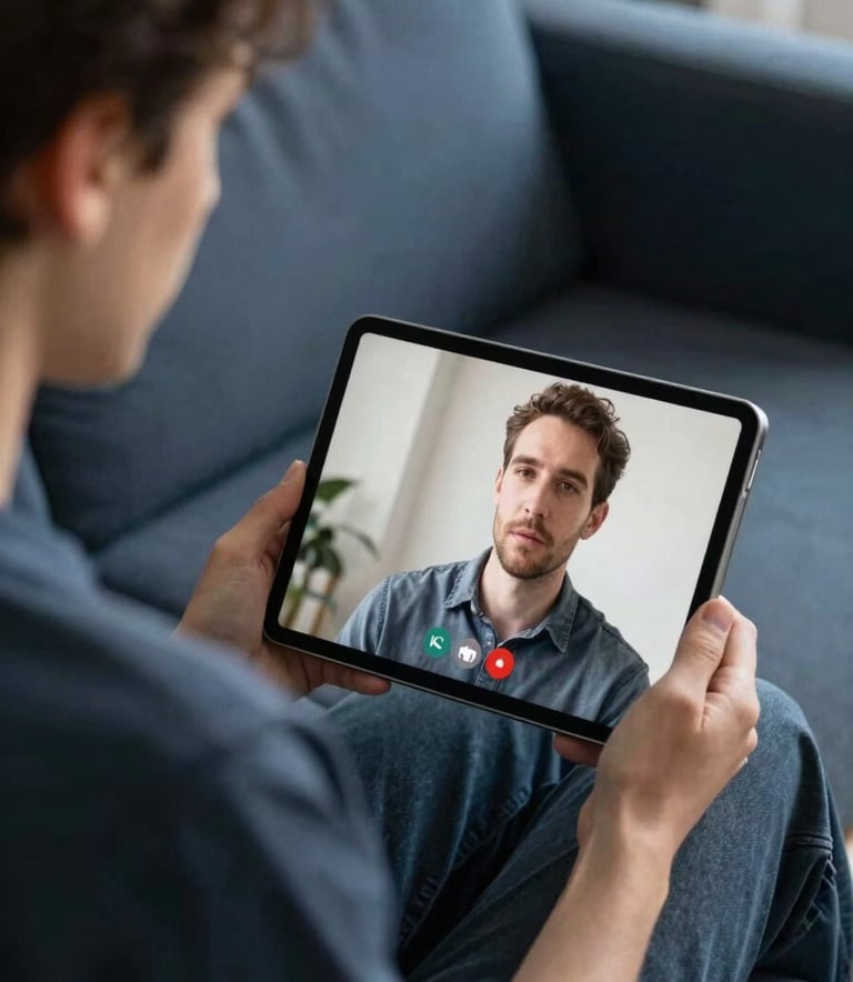 A close-up photograph of a person in a comfortable home environment, sitting on a sofa and looking calmly at a tablet screen during a video consultation. The lighting is soft and natural, with a palette featuring dark slate blue and soft blue-grey accents in the furniture and decor.